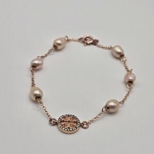 NEW Tory Burch Crystal & Pearly Delicate Logo Bracelet In Rose Gold